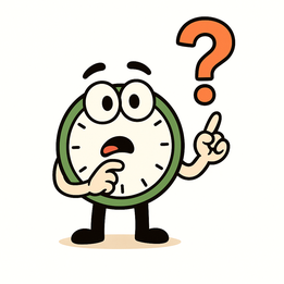 Uhrli, schaut fragend und zeigt auf ein grosses rotes Fragezeichen.