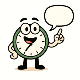 Uhrli, das ZeitTausch-Maskottchen, hebt den Finger und zeigt auf eine leere Sprechblase.