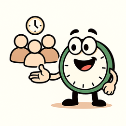 Uhrli, das ZeitTausch-Maskottchen, zeigt auf eine Gruppe von Menschen mit einer kleinen Uhr darüber.