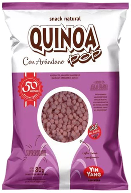 QUINOA POP CON ARÁNDANO. Snack Saludable. Apto celíaco. Presentación 80 Grs. Kosher parve: Taham Kosher. Origen: Argentina.