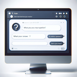 Ein Interface eines KI-Chatbots wird auf einem Bildschirm dargestellt, der einfache Menüoptionen anbietet und grundlegende Anfragen beantwortet. 
