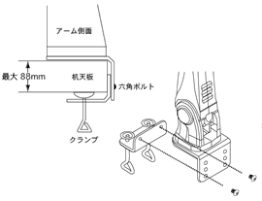 10mm ～ 最大88mm厚までの机天板に対応します。クランプで挟み込みますので机天板のでっぱりは最低30mm以上必要です。