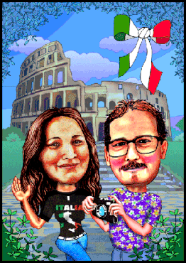 Karikatur zeichnen lassen, ein Wiener Paar urlaubt in Rom.
