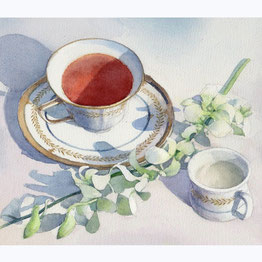 水彩画 静物「紅茶とデンドロビウム」福井良佑
