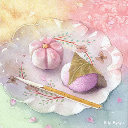 水彩画「皿の中の春」（桜餅と練り切り）福井良佑