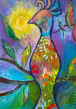 Bunter Vogel in der Mixed Media Technik gemalt