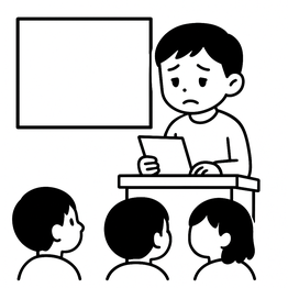 元気のない様子で小学校でプレゼンをする男の子