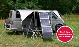 DCsolar Power Move mobile solar panel in the bag with 110 Watt to charge a 12 Volt battery. Ideal for travelling in a camper, motor home or off road. Simple and easy to store on board and weighs only 2.7 kg.  Quality by SOLARA