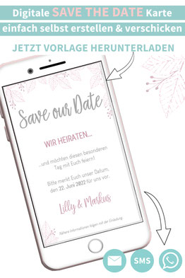 digitale Save the Date Karte, Hochzeit ankündigen, Green Wedding, nachhaltig heiraten, Nachhaltige Hochzeit, Hochzeitspapeterie selber machen, Druckvorlagen, Word Vorlagen