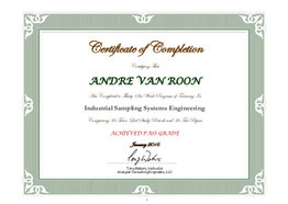 Andre van Roon certified as "Industrial Sampling Systems Engineer" by Tony Waters
