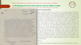 "Lettre de Mme Fortier à la BBC relatant le crash d’un Halifax à Moncé-en-Belin le 23 mai 1944 et le sort des aviateurs alliés".
