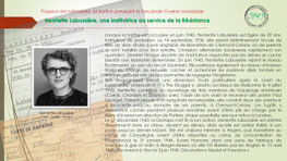 "Henriette Labussière, institutrice à Vion et résistante sarthoise, membre des réseaux Buckmaster et Shelburn durant l'Occupation, déportée à Ravensbrück après avoir aidé des aviateurs alliés du B-17 The Mugger."