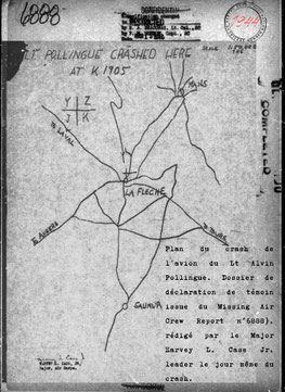 "Croquis du lieu du crash du Lt Alvin Pollingue, vaas sarthe".
