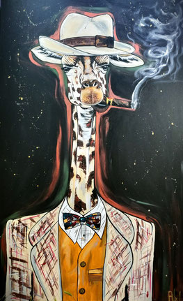 Tableau art contemporain drole girafe habillée en costume avec noeud papillon et chapeau qui fume un cigare