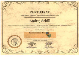ZERTIFIKAT Anerkannter Ausbilder des Fischereiverbands SAAR K.Ö.R  -  Сертификат "Признанный Инструктор"  