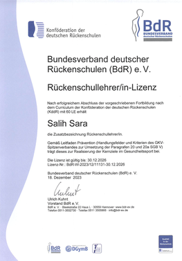 Rückenschullehrer Lizenz nach kddr / bdr Köln Salih Sara