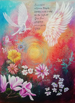 Kunstwerk - Gemälde - Kunst - Malerei - Psalm 91,4 - Taube, Flügel, Blüten