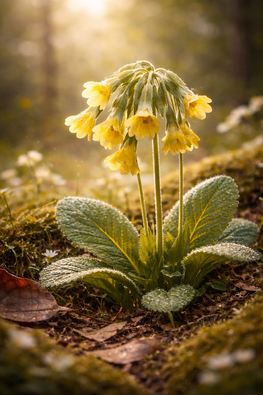 Echte Schlüsselblume (Primula veris) im warmen Frühlingslicht auf einer Waldwiese mit taufrischen Blättern und gelben Blüten.