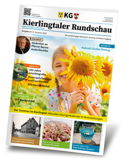 Abbildung der Kierlingtaler Rundschau, Ausgabe 15. Auf dem Titelbild sieht man ein Mädchen mit einer Sonnenblume.