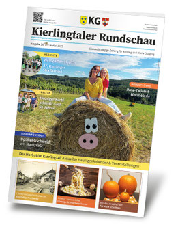 Abbildung der Kierlingtaler Rundschau, Ausgabe 16. Auf dem Titelbild sieht man zwei Frauen, die im Weingarten auf einem Strohballen sitzen.