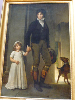 Regency painting of man in tailcoat holding hand of small girl in white dress