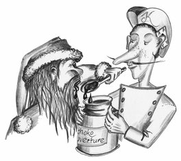 Der Nikolaus löffelt Kuvertüre aus einer Dose, die ihm der Weihnachtsengel Alexis anbietet