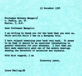 Carta de Pauling a Bargalló (1958) conservada en el Archivo Histórico dedicado al químico norteamericano en la Universidad de Oregón.