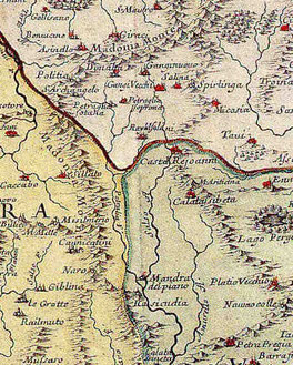 Il castello di Regiovanni in una mappa della Sicilia del 1681, in verde il Val di Noto (da E. Iachello, a cura, L'isola a tre punte)