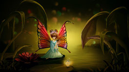 Bild. Eine Fee, dargestellt als kleine Person mit Schmetterlingsflügeln, kniet in einem Raum.