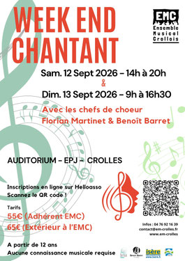 EMC; Affiche Week end chantant - Sept 2026; Grésivaudan, Stage de chant choral, 12 et 13 sept 2026