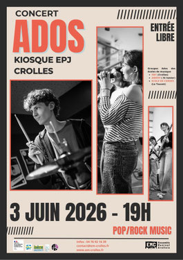 Affiche concert Ados; 3 juin 2026; 19h; Kiosque EPJ; Crolles; EMC; Ecole de musique