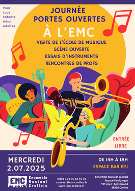 Affiche JPO EMC; Journée Portes Ouverte; Mercredi 2 juillet; de 14h à 18h; Ensemble Musical Crollois; école de musique; Grésivaudan; Gratuit; Essais d'instruments