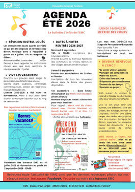 EMC; Ecole de musique; Crolles, Grésivaudan; Agenda été 2026