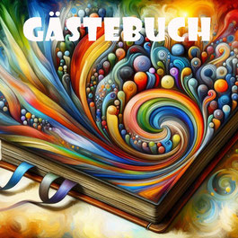 Abstraktes Buch, sehr bunt, Überschrift "Gästebuch"