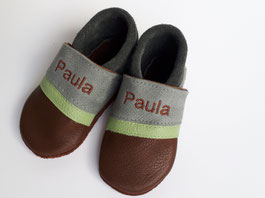  BIO-Leder Krabbelschuhe Linie braun / grau / hellgrün, schlicht und schön