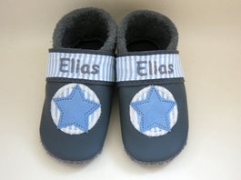  Taufschuhe Jeansblau, personalisiert Stoffkreise & Sterne + Namen