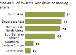 In Südasien ist die Zustimmung für die Scharia unter Muslimen am höchsten, in Zentralasien am niedrigsten.