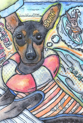 原画:HE IS BEST DOG SUREFER(犬:ミニチュアピンシャ)