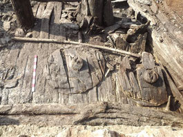 Excavación de un Kurgán o túmulo fuenerario en Ananauri, Georgia, 4.500 años. En este enterramiento un jerarca fue enterrado junto a dos carros (se pueden apreciar las ruedas) y los restos de otras 7 personas, presumiblemente sacrificadas.