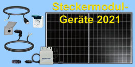 Bestandteile eines Steckermodul-Geräts (von rechts) mit Photovoltaik-Modul, Mikro-Wechselrichter, Betteri-Kupplung für Netzzuleitung und den Varianten Netzkabel mit Schuko- oder Wieland-Stecker, Einzelbilder: Bosswerk GmbH & Co. KG, Gesamtbild: REG.eV