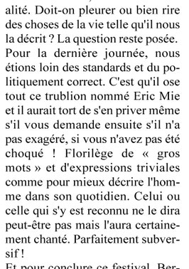 Extrait d'un article de Dom Kovacs sur le festival de chanson "Festiv'en Marche" paru dans L'ECHO - LA MARSEILLAISE du Mercredi 23 Mai 2018