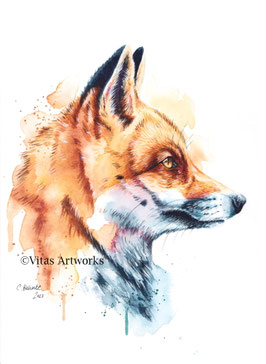 fokussierter Fuchs gemalt mit Aquarell - Originalkunstwerk