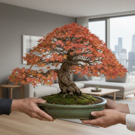 Bonsai wird als Geschenk übergeben Geschenkidee