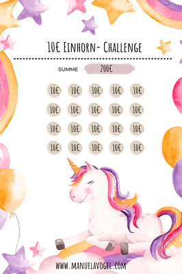 10€ Einhornchallenge -kostenloses Sparchallenge Template für die Umschlagmethode