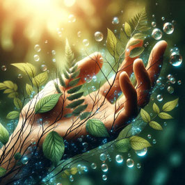 Hand mit Blättern und Wassertropfen