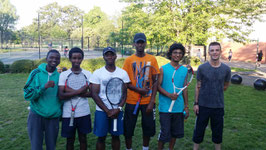 Photograph: Mens team players from left to right Andrew Brown, Abdullahi Daud, Junior Babalola-Davies, Omar Daud, Kunal Patel and Tom Madden.