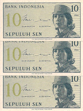 LOTE DE 3 BILLETES CORRELATIVOS INDONESIA - PICK - P92 - 10 SEN - TRIO CORRELATIVO - 1.964 - SERIE DOF (SC/UNC) PLANCHA - 6€.