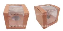 CAJA DE KRAFT PARA CUP CAKES INDIVIDUAL CON VENTANA E INSERTO 7.5X7.5X7