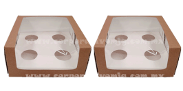 CAJA DE KRAFT PARA 4 CUP CAKES CON VENTANA E INSERTO 15.5X15.5X7