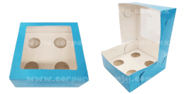 CAJA PARA 4 CUP CAKES CON VENTANA E INSERTO AZUL 15.5X15.5X7